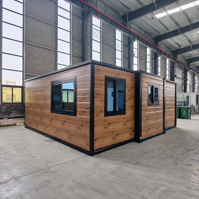 Wood-look expandable container house in a production workshop
