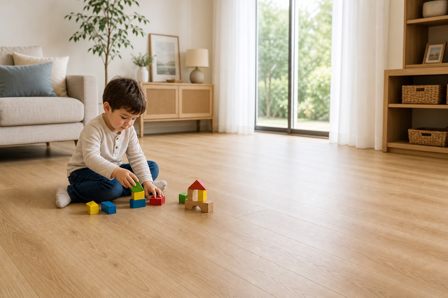Child playing safely on low-emission SPC flooring